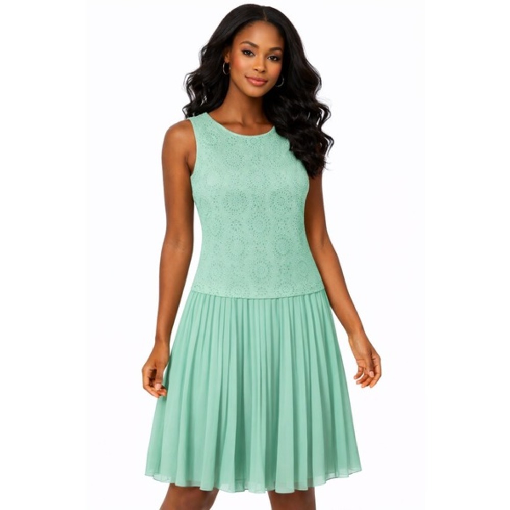 Ann Taylor Loft Mint Green Eyelet Lace Pleated Sleeveless Dress 8 Pastel 64-42